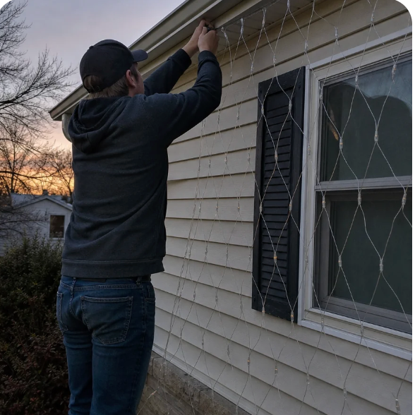 Installing LED curtain lights along the exterior of a house