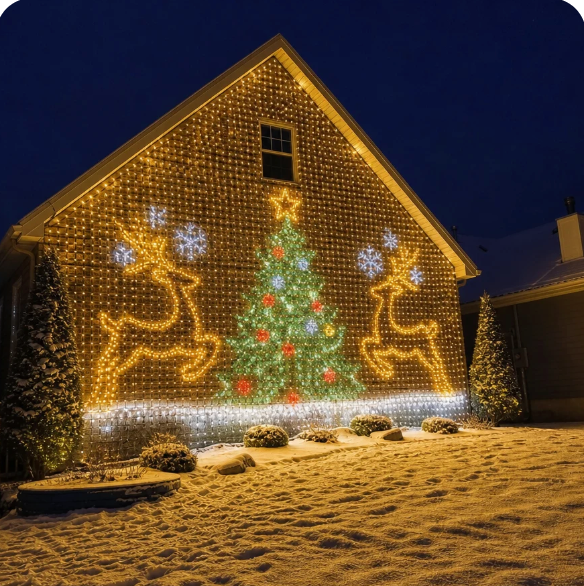 Christmas tree and reindeer displayed with LED curtain lights at night